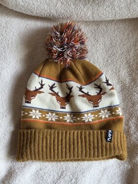 Kavu Mustard Knit Pom Beanie with Reindeer Motif